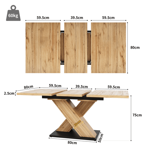 Mesa de jantar retrátil 158,5 x 80 cm - 6 a 8 pessoas - MDF - Natural