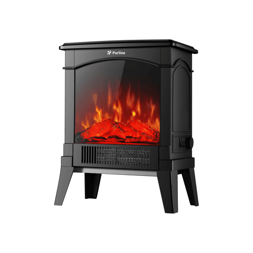 Lareira de chão em aço preto com um design retro com pernas e painel frontal em vidro temperado. Duas potências 7501500 W. Comando mecânico.