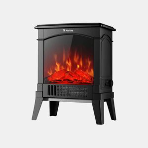 Lareira de chão em aço preto com um design retro com pernas e painel frontal em vidro temperado. Duas potências 7501500 W. Comando mecânico.