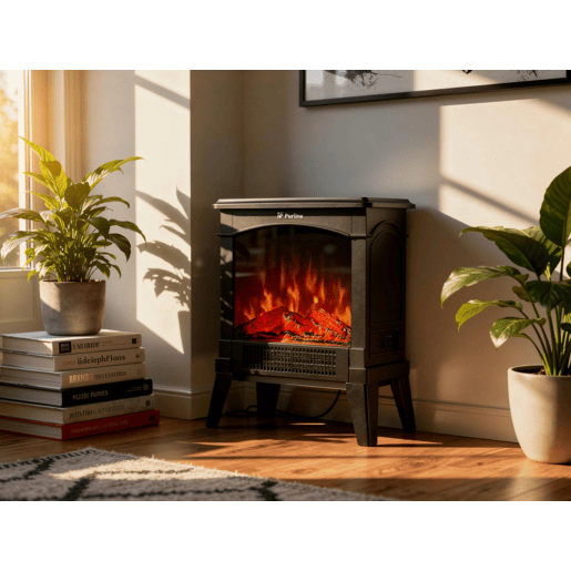 Lareira de chão em aço preto com um design retro com pernas e painel frontal em vidro temperado. Duas potências 7501500 W. Comando mecânico.