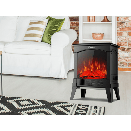 Lareira de chão em aço preto com um design retro com pernas e painel frontal em vidro temperado. Duas potências 7501500 W. Comando mecânico.