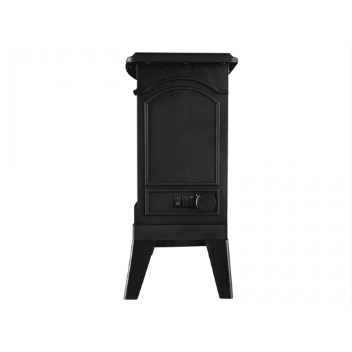 Lareira de chão em aço preto com um design retro com pernas e painel frontal em vidro temperado. Duas potências 7501500 W. Comando mecânico.