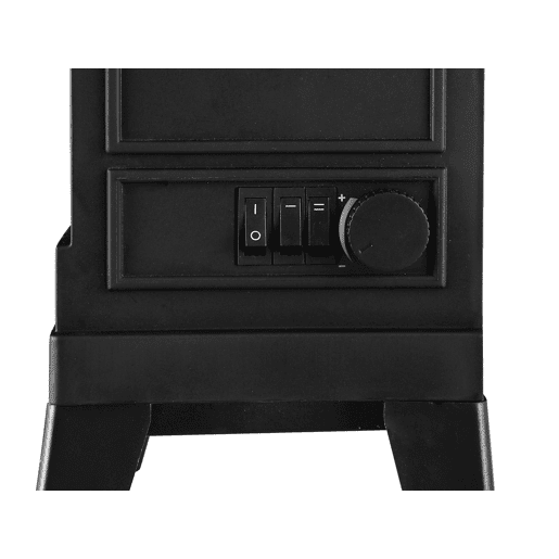 Lareira de chão em aço preto com um design retro com pernas e painel frontal em vidro temperado. Duas potências 7501500 W. Comando mecânico.