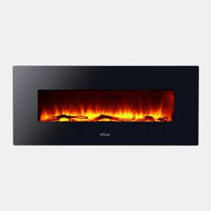 Lareira eléctrica panorâmica em vidro temperado, cor preta. Com efeito de fogo digital e pés. Desenho do pavimento.