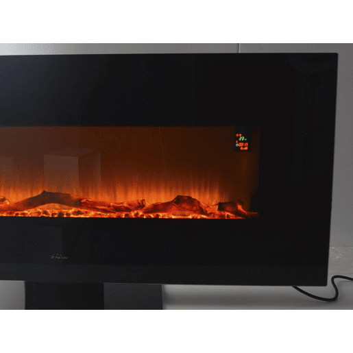 Lareira eléctrica panorâmica em vidro temperado, cor preta. Com efeito de fogo digital e pés. Desenho do pavimento.