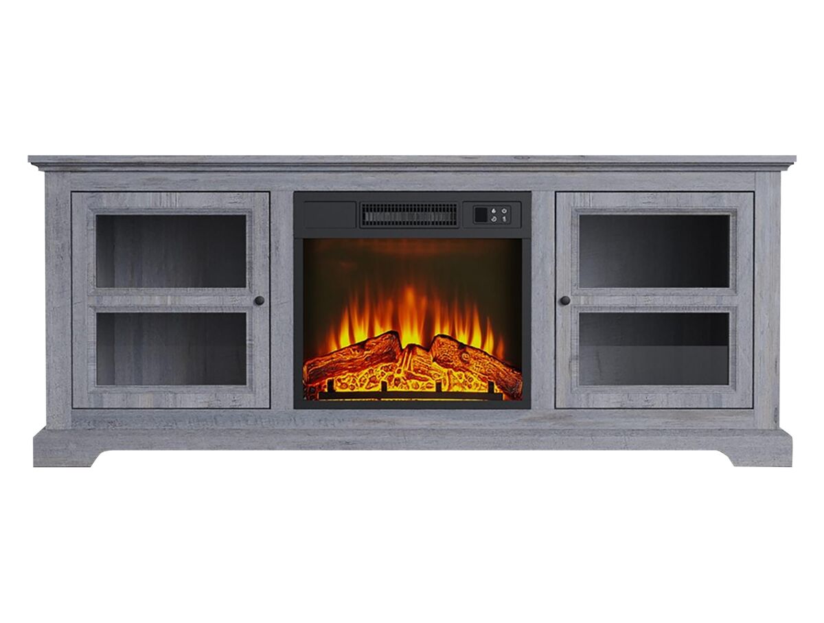 Mueble aparador con chimenea eléctrica en acabado tipo roble color gris. con dos armarios con puerta.
