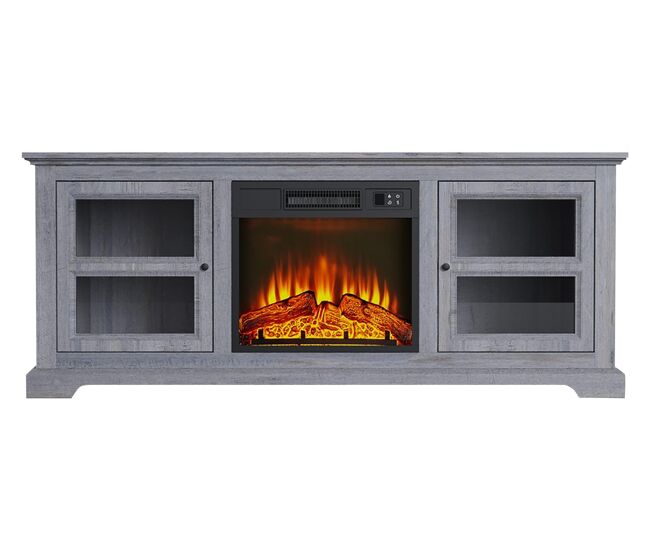 Mueble aparador con chimenea eléctrica en acabado tipo roble color gris. con dos armarios con puerta.