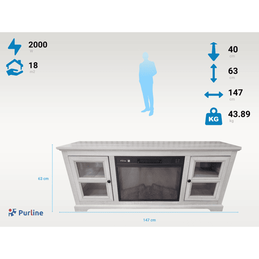 Aparador com lareira eléctrica com acabamento em carvalho cinzento. Com dois armários com porta.