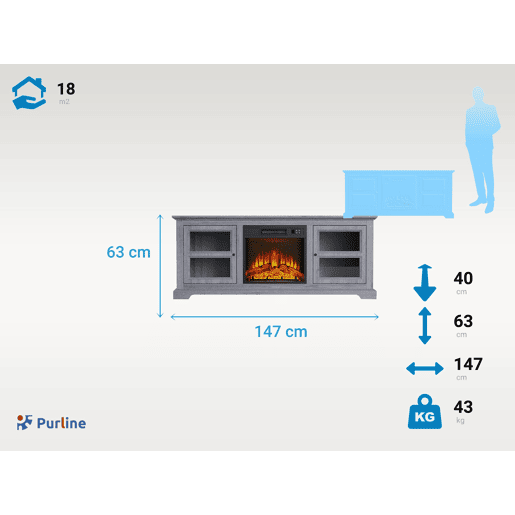 Aparador com lareira eléctrica com acabamento em carvalho cinzento. Com dois armários com porta.