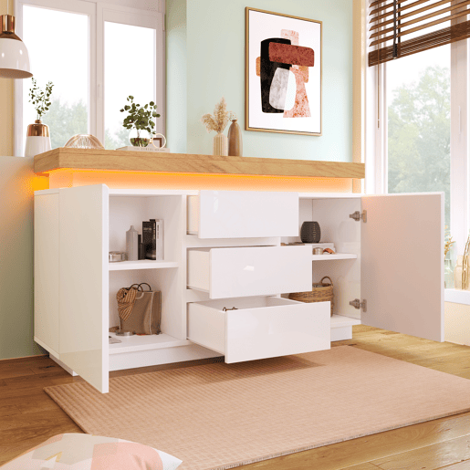Cómoda com LED - 3 gavetas e 2 portas com prateleiras reguláveis - Branco Cómoda com LED - 3 gavetas e 2 portas com prateleiras reguláveis - Branco