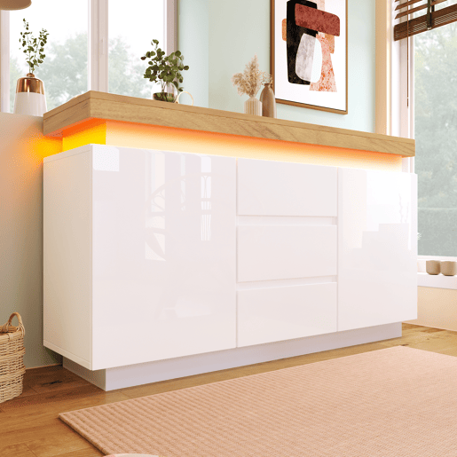 Cómoda com LED - 3 gavetas e 2 portas com prateleiras reguláveis - Branco Cómoda com LED - 3 gavetas e 2 portas com prateleiras reguláveis - Branco