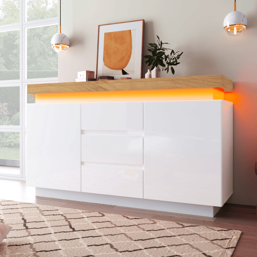 Cómoda com LED - 3 gavetas e 2 portas com prateleiras reguláveis - Branco Cómoda com LED - 3 gavetas e 2 portas com prateleiras reguláveis - Branco