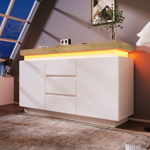 Cómoda com LED - 3 gavetas e 2 portas com prateleiras reguláveis - Branco Cómoda com LED - 3 gavetas e 2 portas com prateleiras reguláveis - Branco