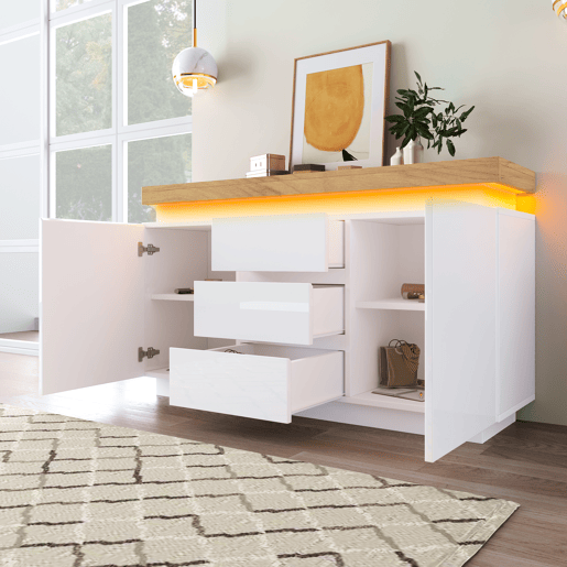 Cómoda com LED - 3 gavetas e 2 portas com prateleiras reguláveis - Branco Cómoda com LED - 3 gavetas e 2 portas com prateleiras reguláveis - Branco