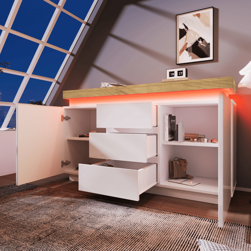 Cómoda com LED - 3 gavetas e 2 portas com prateleiras reguláveis - Branco Cómoda com LED - 3 gavetas e 2 portas com prateleiras reguláveis - Branco