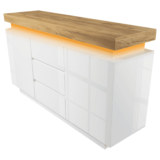 Cómoda com LED - 3 gavetas e 2 portas com prateleiras reguláveis - Branco Cómoda com LED - 3 gavetas e 2 portas com prateleiras reguláveis - Branco