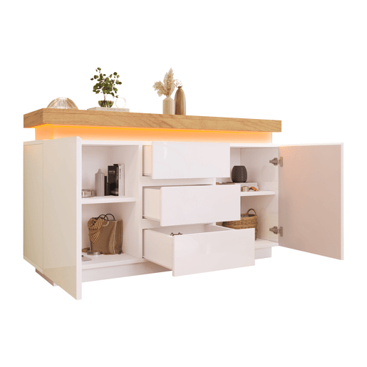 Cómoda com LED - 3 gavetas e 2 portas com prateleiras reguláveis - Branco Cómoda com LED - 3 gavetas e 2 portas com prateleiras reguláveis - Branco