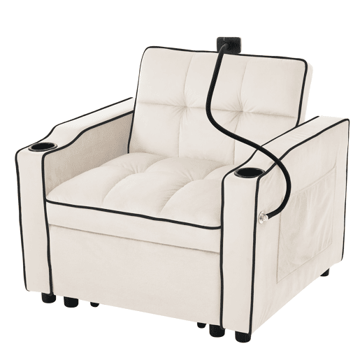 Poltrona retrátil de veludo - com suporte para copos + suporte para telemóvel - Bege
