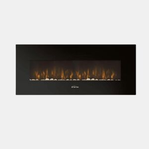 Lareira eléctrica de baixo consumo 2000W. Design panorâmico em vidro temperado preto e painel frontal curvo com sistema LED lateral e traseiro. Possui painel de controlo e controlo remoto com termóstato regulável. Não encastrável.