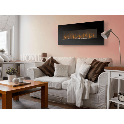 Lareira eléctrica de baixo consumo 2000W. Design panorâmico em vidro temperado preto e painel frontal curvo com sistema LED lateral e traseiro. Possui painel de controlo e controlo remoto com termóstato regulável. Não encastrável.