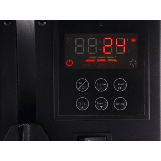 Lareira eléctrica de baixo consumo 2000W. Design panorâmico em vidro temperado preto e painel frontal curvo com sistema LED lateral e traseiro. Possui painel de controlo e controlo remoto com termóstato regulável. Não encastrável.
