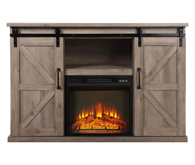 Mueble aparador alto con chimenea eléctrica acabado en roble claro rústico. con dos armarios con puerta corredera.