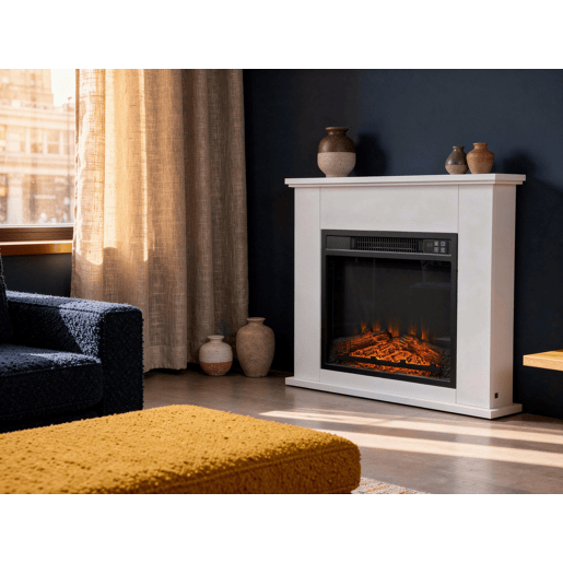 Lareira eléctrica imitando o design das lareiras clássicas de lea, com uma bela moldura de aço lacada a branco