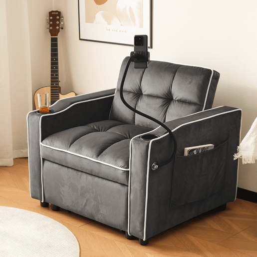 Poltrona retrátil de veludo - com suporte para copos + suporte para telemóvel - Cinzento
