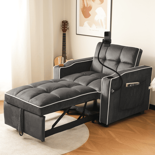 Poltrona retrátil de veludo - com suporte para copos + suporte para telemóvel - Cinzento