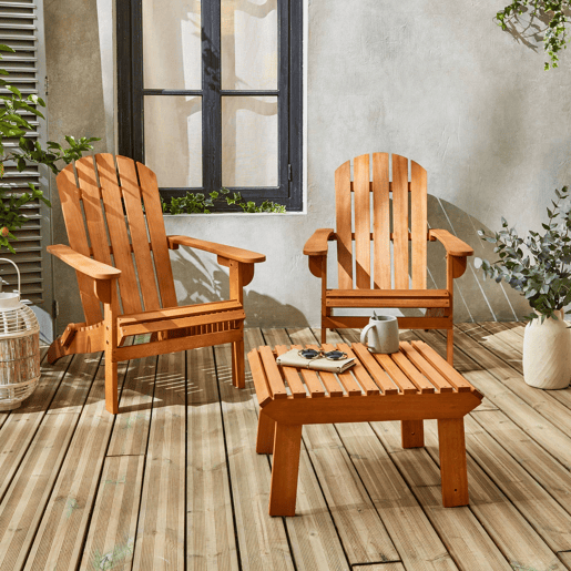 Poltrona de madeira com apoio para os pés, set de 2, Adirondack Salamanca x2 + mesaapoio de pernas, Madeira, 69x139.2x90 cm