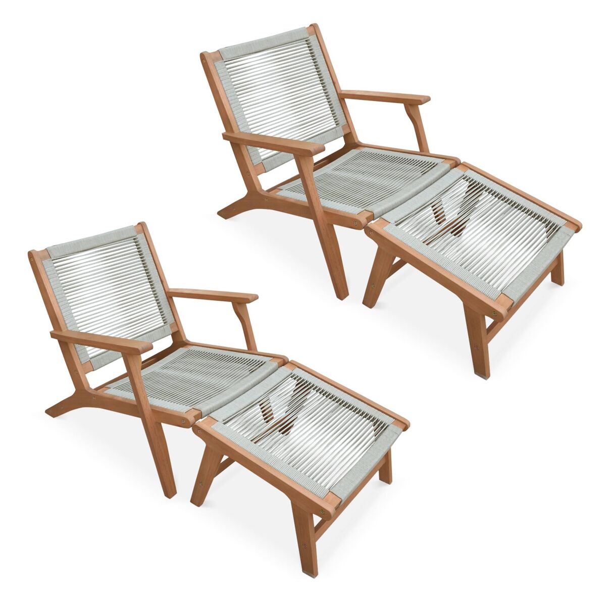 Silla de jardín de madera y cuerda con reposapiés, set de 2