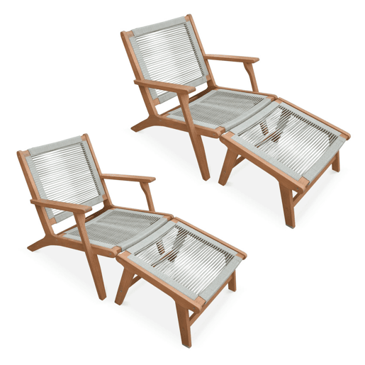 Cadeira de jardim em madeira e corda com apoio para os pés, set de 2, Cuzco x2, Taupe, 66.5x81x71 cm
