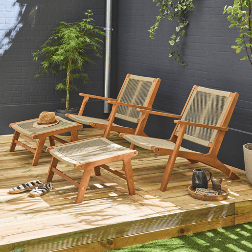 Cadeira de jardim em madeira e corda com apoio para os pés, set de 2, Cuzco x2, Taupe, 66.5x81x71 cm