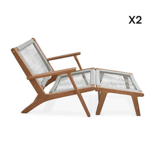 Cadeira de jardim em madeira e corda com apoio para os pés, set de 2, Cuzco x2, Taupe, 66.5x81x71 cm