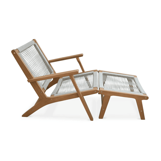 Cadeira de jardim em madeira e corda com apoio para os pés, set de 2, Cuzco x2, Taupe, 66.5x81x71 cm