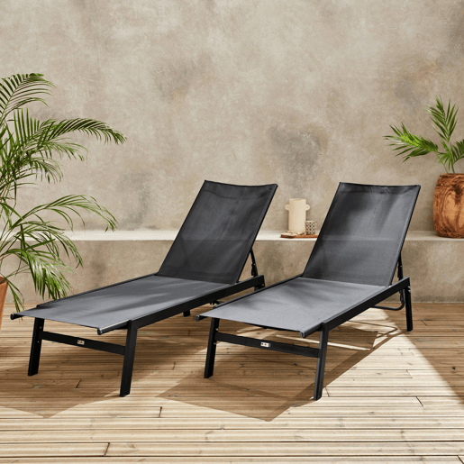 Transat de aço multi posições, set de 2, Flora, Preto, 155x59x106 cm