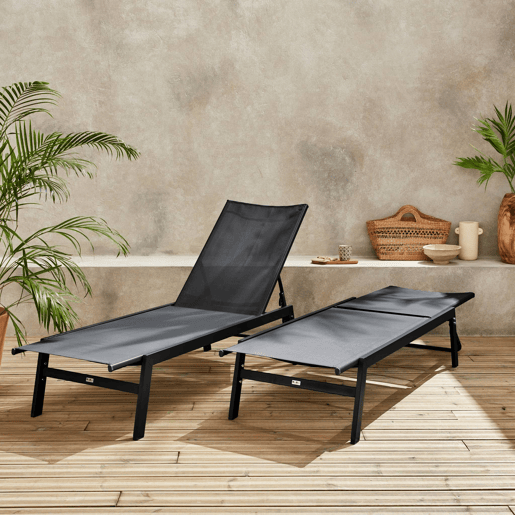 Transat de aço multi posições, set de 2, Flora, Preto, 155x59x106 cm