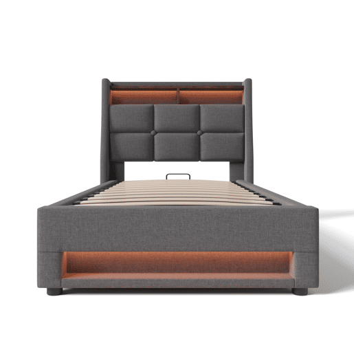Cama para arrumação de roupa de cama 90x200 cm com LED e portas USB - estrado de ripas - cinzento Cama para arrumação de roupa de cama 90x200 cm com LED e portas USB - estrado de ripas - cinzento