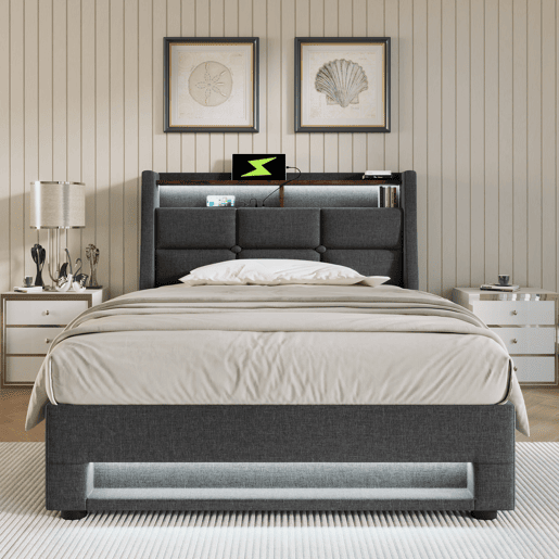 Cama para arrumação de roupa de cama 90x200 cm com LED e portas USB - estrado de ripas - cinzento Cama para arrumação de roupa de cama 90x200 cm com LED e portas USB - estrado de ripas - cinzento