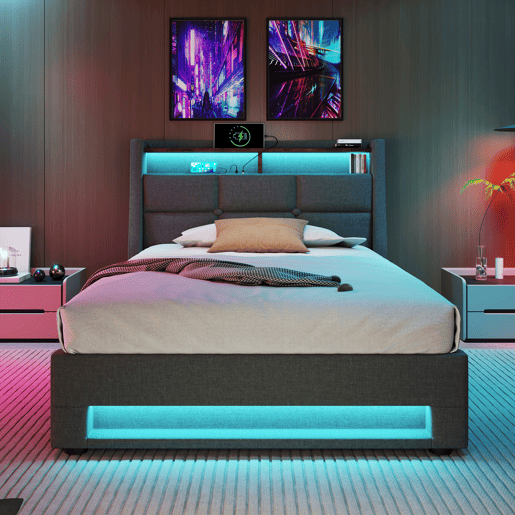 Cama para arrumação de roupa de cama 90x200 cm com LED e portas USB - estrado de ripas - cinzento Cama para arrumação de roupa de cama 90x200 cm com LED e portas USB - estrado de ripas - cinzento