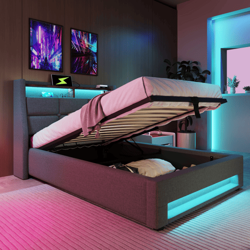 Cama para arrumação de roupa de cama 90x200 cm com LED e portas USB - estrado de ripas - cinzento Cama para arrumação de roupa de cama 90x200 cm com LED e portas USB - estrado de ripas - cinzento