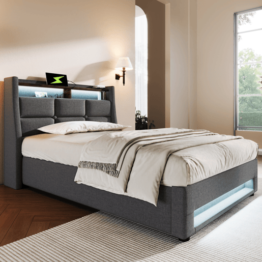 Cama para arrumação de roupa de cama 90x200 cm com LED e portas USB - estrado de ripas - cinzento Cama para arrumação de roupa de cama 90x200 cm com LED e portas USB - estrado de ripas - cinzento