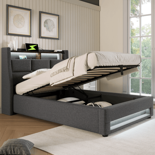 Cama para arrumação de roupa de cama 90x200 cm com LED e portas USB - estrado de ripas - cinzento Cama para arrumação de roupa de cama 90x200 cm com LED e portas USB - estrado de ripas - cinzento