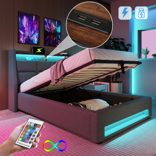 Cama para arrumação de roupa de cama 90x200 cm com LED e portas USB - estrado de ripas - cinzento Cama para arrumação de roupa de cama 90x200 cm com LED e portas USB - estrado de ripas - cinzento