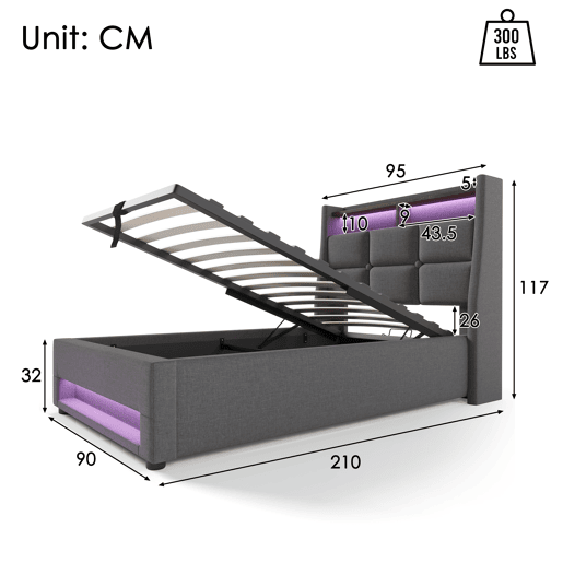 Cama para arrumação de roupa de cama 90x200 cm com LED e portas USB - estrado de ripas - cinzento Cama para arrumação de roupa de cama 90x200 cm com LED e portas USB - estrado de ripas - cinzento