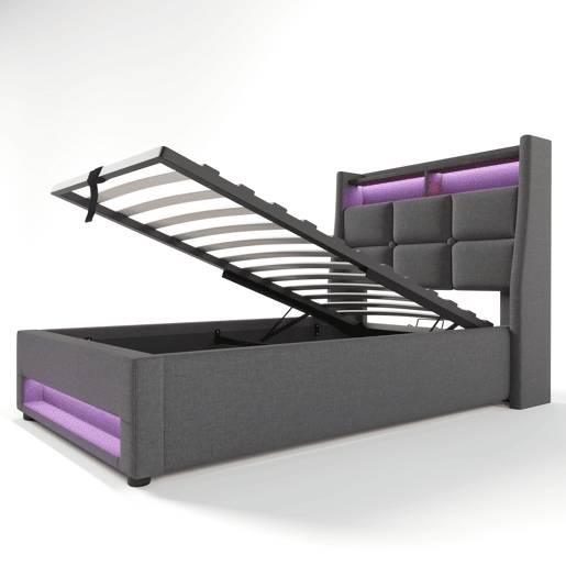 Cama para arrumação de roupa de cama 90x200 cm com LED e portas USB - estrado de ripas - cinzento Cama para arrumação de roupa de cama 90x200 cm com LED e portas USB - estrado de ripas - cinzento