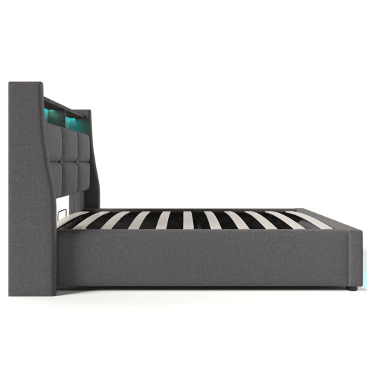 Cama para arrumação de roupa de cama 90x200 cm com LED e portas USB - estrado de ripas - cinzento Cama para arrumação de roupa de cama 90x200 cm com LED e portas USB - estrado de ripas - cinzento