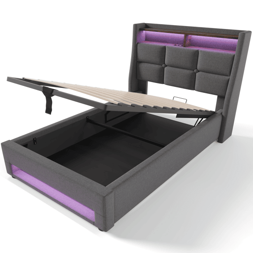 Cama para arrumação de roupa de cama 90x200 cm com LED e portas USB - estrado de ripas - cinzento Cama para arrumação de roupa de cama 90x200 cm com LED e portas USB - estrado de ripas - cinzento