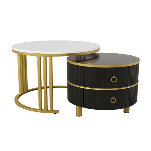 Conjunto de 2 mesas de centro com 2 gavetas - tampo com design em mármore - dourado e preto
