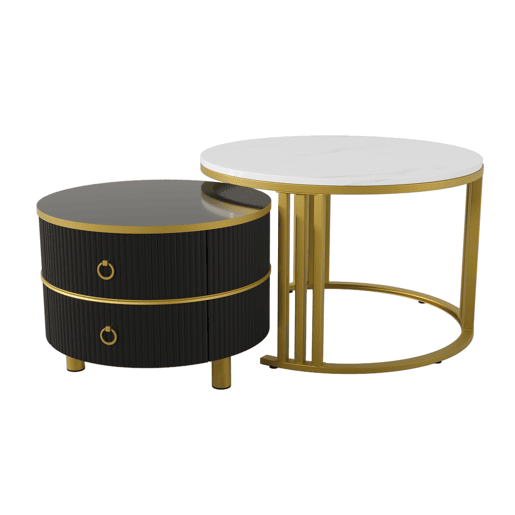 Conjunto de 2 mesas de centro com 2 gavetas - tampo com design em mármore - dourado e preto